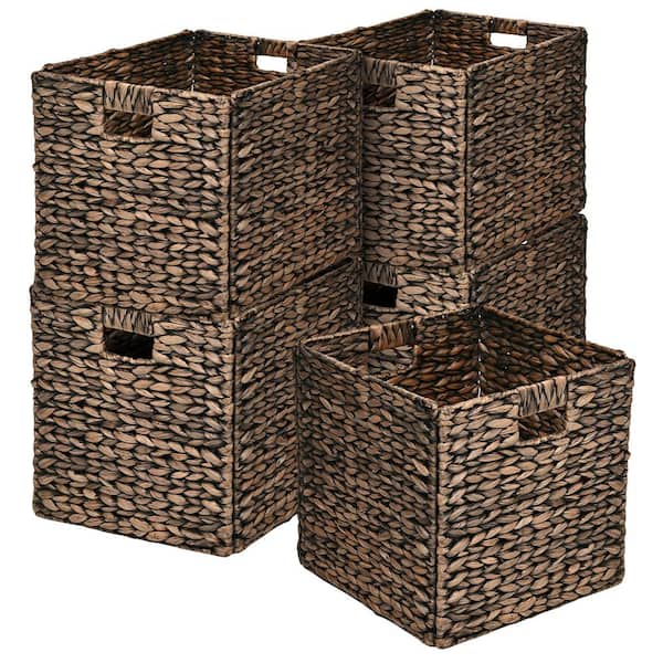 happimess Bryce 12.6 in. x 12.6 in. Farmhouse Metal/Hyacinth Storage Cube Decorative Baskets with Handles, Brown (Set of 5)