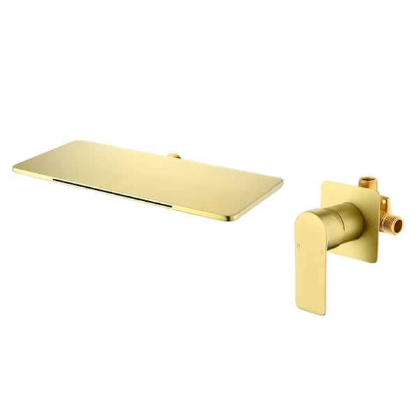 FLG Single-Handle Waterfall Wall-Mount Roman Tub Faucet Modern Brass Tub Filler in Brushed Gold