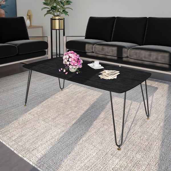 Elmwood 47 in. Coffee Table Modern Rectangular MDF Wood Tabletop with Sturdy Iron Legs Accent Table in Black