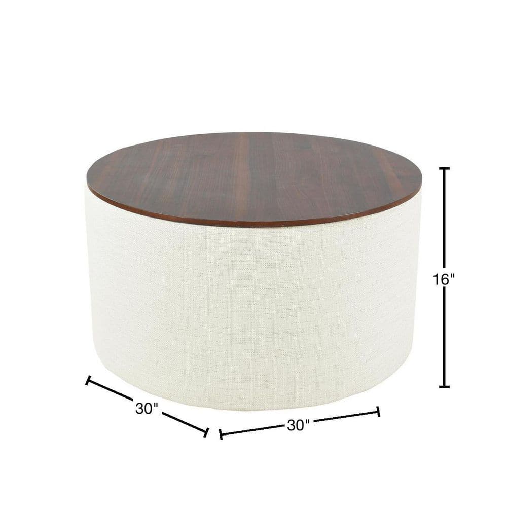 Modern Cream Woven Storage Ottoman with Dark Walnut Wood Top 31"