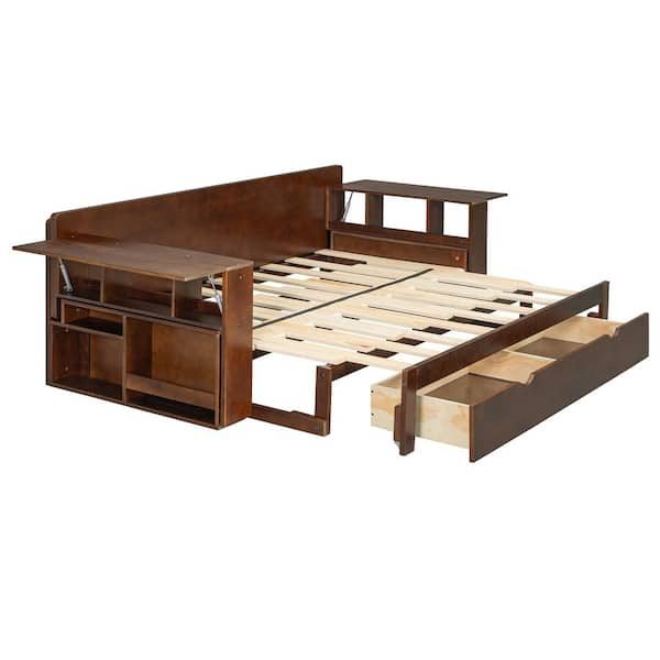 Espresso Queen Size Daybed with Removable Desk, Storage Drawers and Hydraulic Side Table