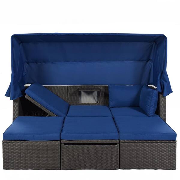 Blue Wicker Outdoor Day Bed with Beige CushionGuard Gray Cushions