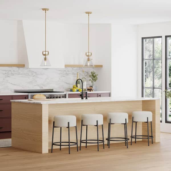 Isaac 24 in. White Metal Frame Modern Round Counter Height Bar Stool with Boucle Soft Padded Seat, Set of 4