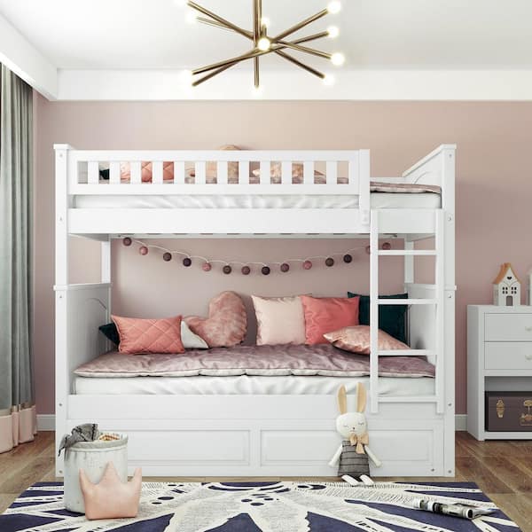 White Full Over Full Bunk Bed with Twin Size Trundle, Pine Wood Bunk Bed with Guardrails