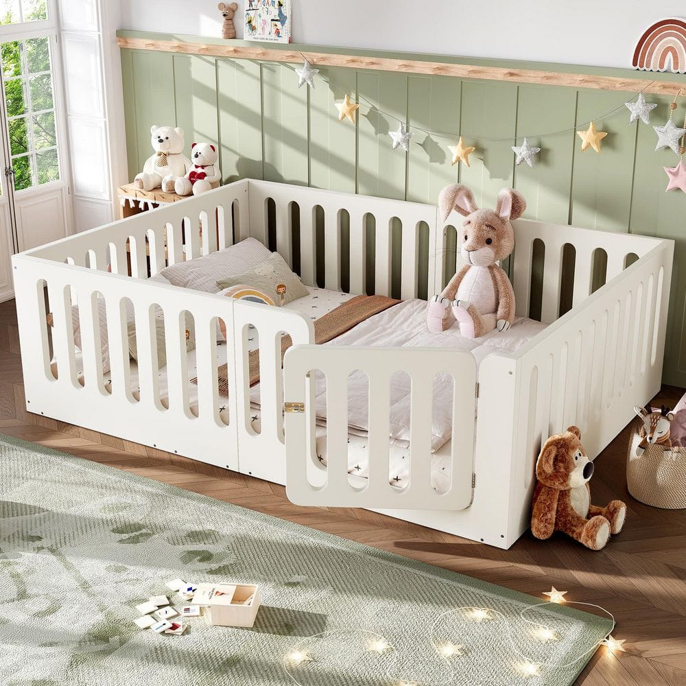 Beige Wood Frame Queen Size Platform Bed with High Fence