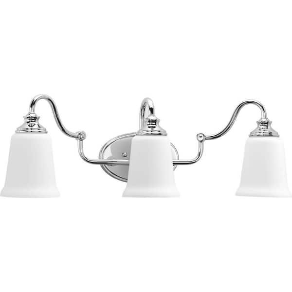 Progress Lighting Wander Collection 3-Light Polished Chrome Bathroom Vanity Light with Glass Shades