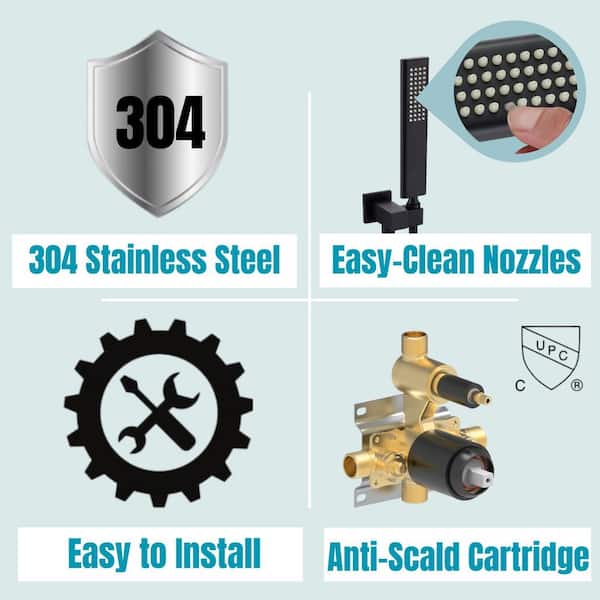 1-Spray Square Shower System Wall Hand Shower Head and Tub Faucet in Matte Black (Valve Included)