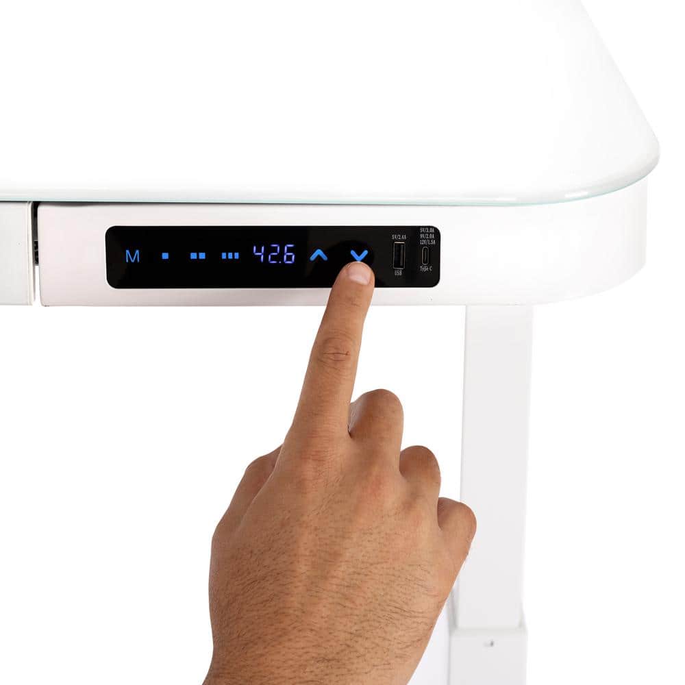 White Adjustable Height Glass Standing Desk with USB Ports and Drawer