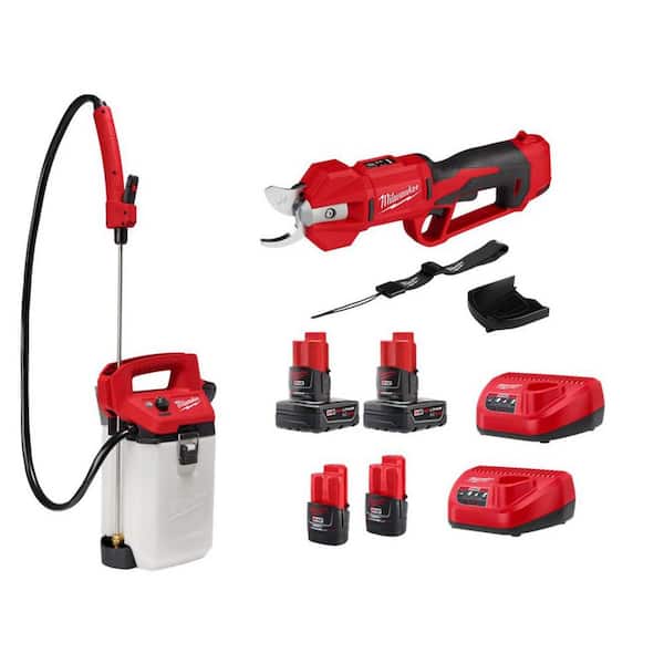 M12 12V Brushless Cordless Battery Powered Pruner Shears Kit w/ 2 Gal. Sprayer (4) Batteries and (2) Charger