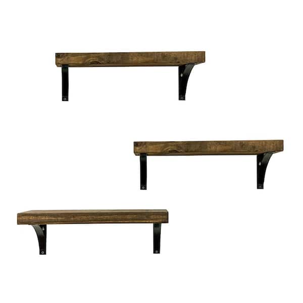Intrinsic Haven Industrial Grace 20 in. W x 5.5 in. D Dark Brown Pine Wood (Set of 3) Simple Bracket Decorative Wall Shelf Set