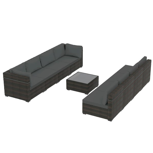 9-Piece Rattan Wicker Patio Conversation Seating Set with Coffee Table and Dark Gray Cushions