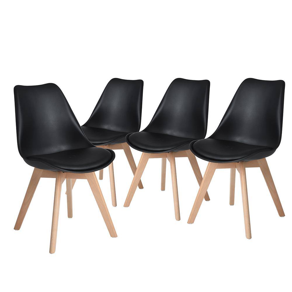 Set of 4 Black Upholstered Leather Side Chairs with Wood Legs