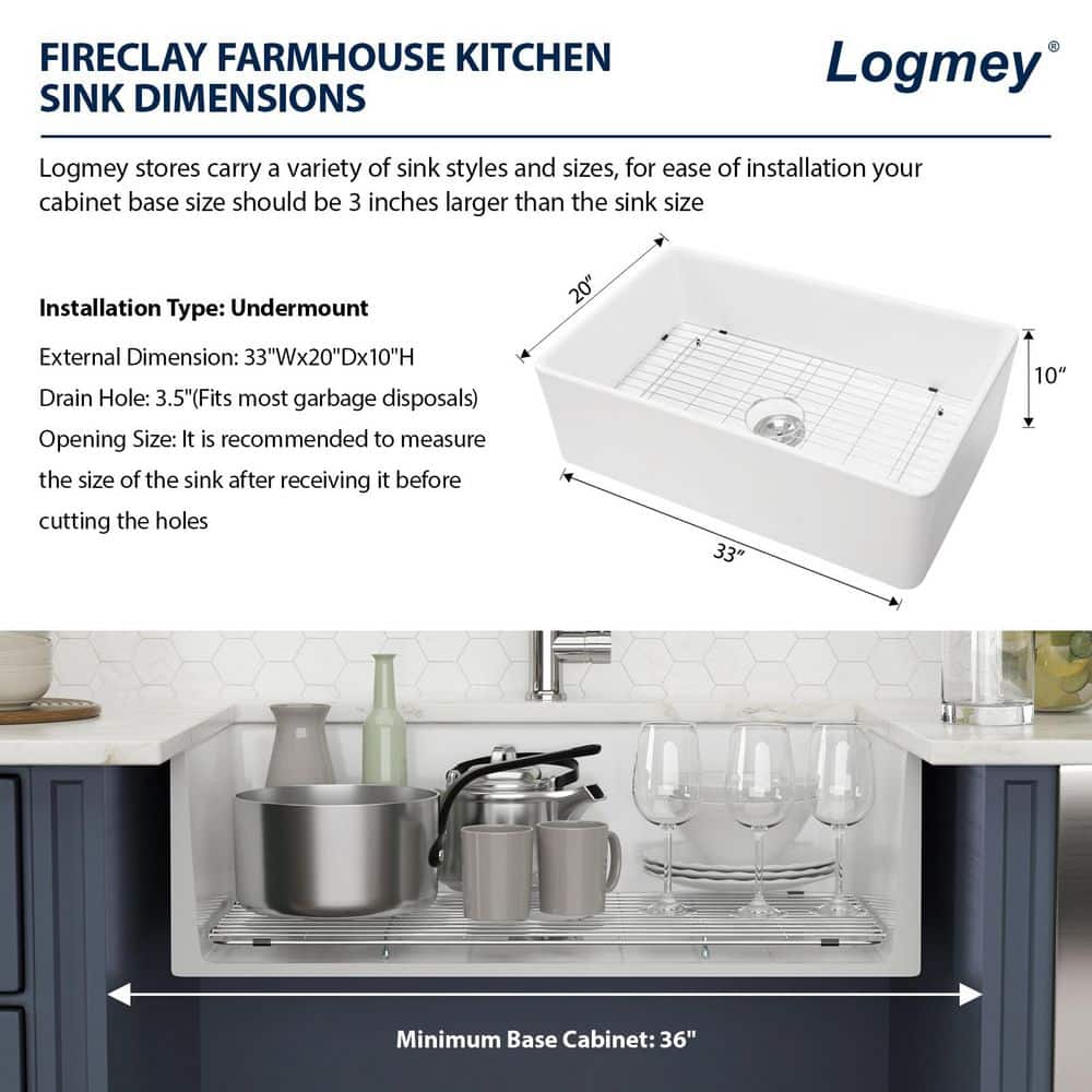 33'' White Ceramic Farmhouse Apron-Front Single Bowl Kitchen Sink