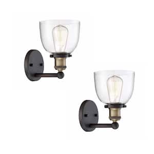 Evelyn 6 in. 1-Light Bronze Modern Industrial Wall Mount Sconce Light with Clear Glass Shade - 2-Pack