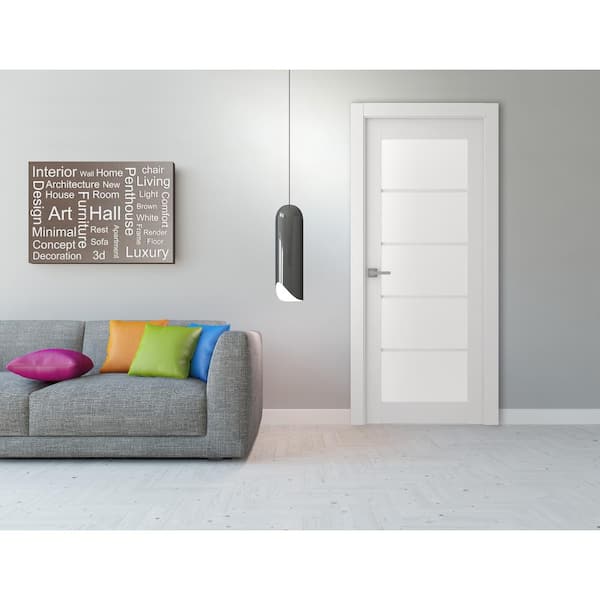 36 in. x 80 in. Smart Pro Polar White Right-Hand Solid Core Wood 5-Lite Frosted Glass Single Prehung Interior Door
