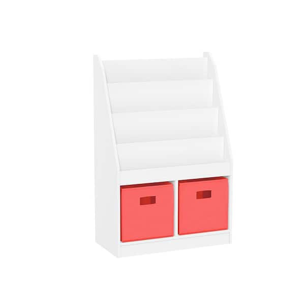 RiverRidge Home 23.5 in. Wide White Kids Bookshelf and Toy Organizer with 4 Bookracks and 2-Cubbies with 2-Coral Fabric Bins