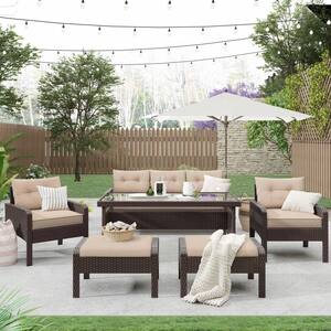6-Piece PE Wicker Rattan Outdoor Sectional Patio Conversation Sofa Set with Removable Coffee Cushions and Tea Table