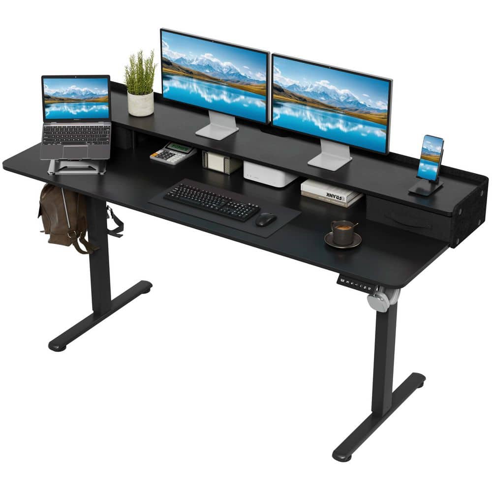 63 in. Rectangular Black Electric Standing Desk with Cell Phone Stand and 2 Drawers