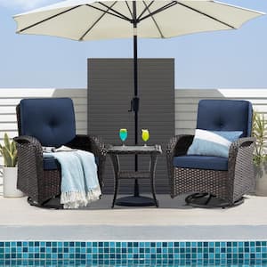 3-Pcs Dark Brown Wicker Outdoor Rocking Chair Patio Conversation Set Swivel Chairs with Blue Cushions and Table