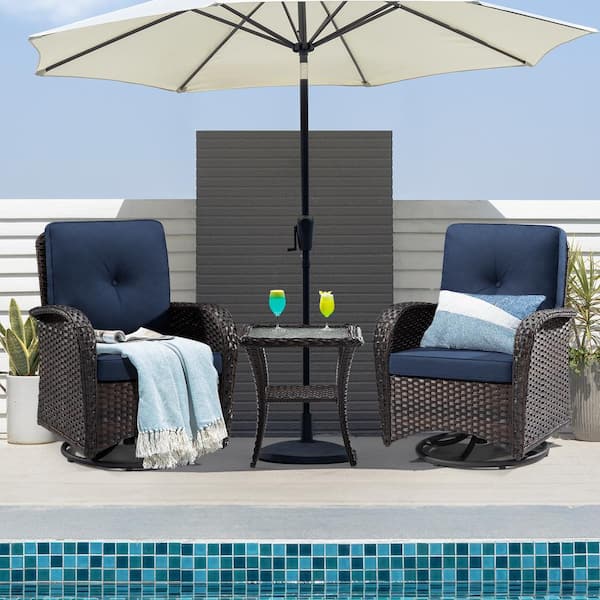 Gardenbee 3-Pcs Dark Brown Wicker Outdoor Rocking Chair Patio Conversation Set Swivel Chairs with Blue Cushions and Table