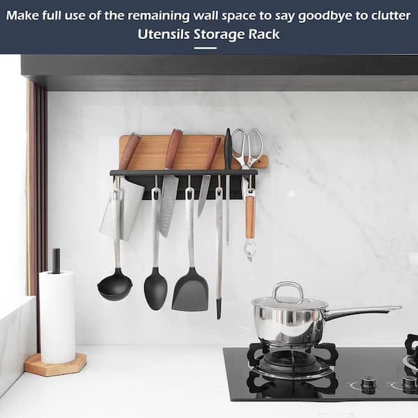 Wall Mounted Kitchen Pot Rack Multifunction Kitchen Knife Storage Holder with 5-Hooks Wall Knife Bar Rack Knife Block