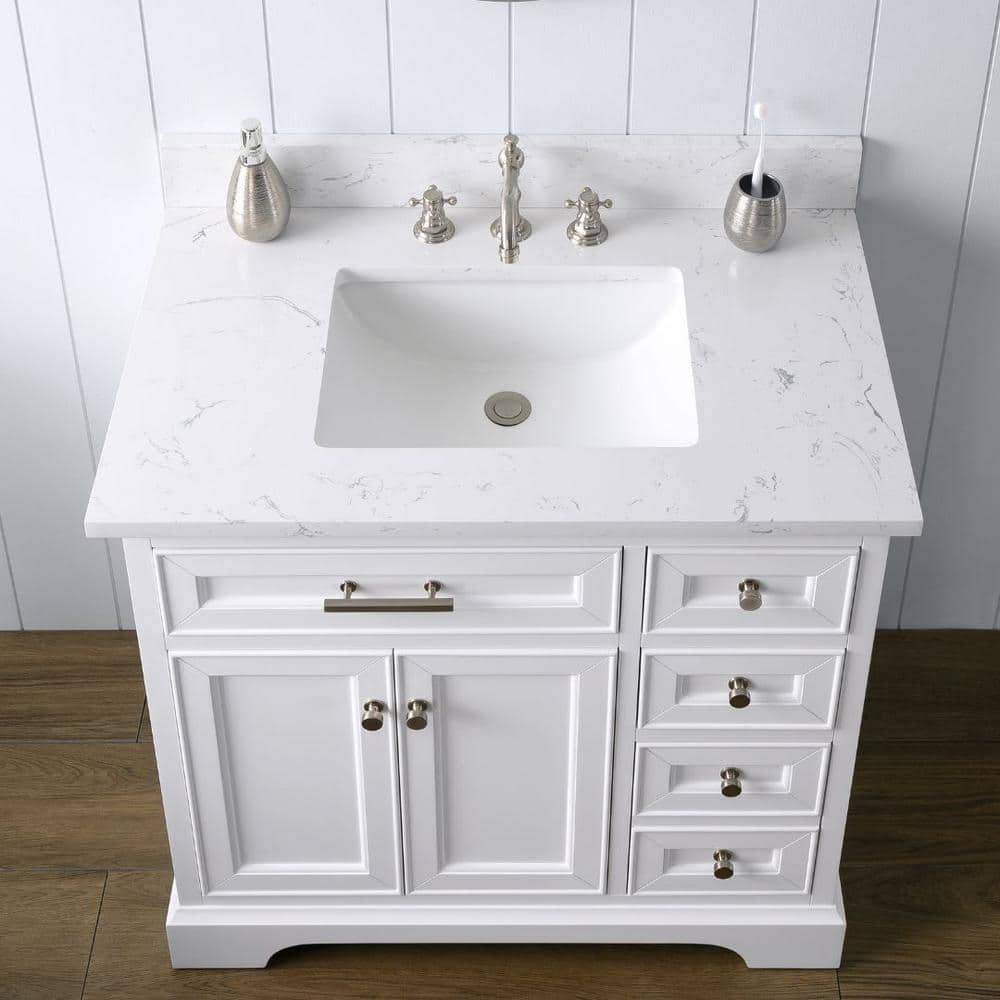 Thompson 36" White Freestanding Bathroom Vanity with Carrara Countertop