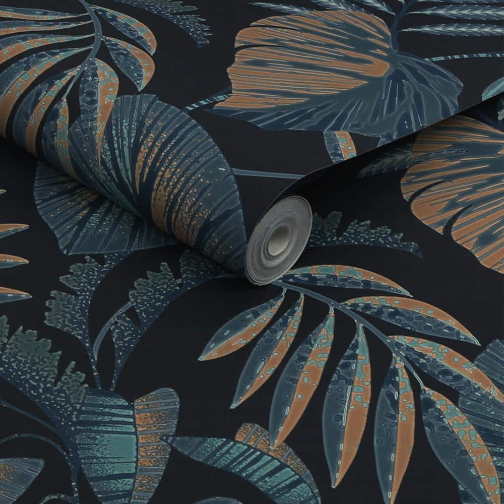 Navy Blue Tropical Leaves Removable Wallpaper Sample
