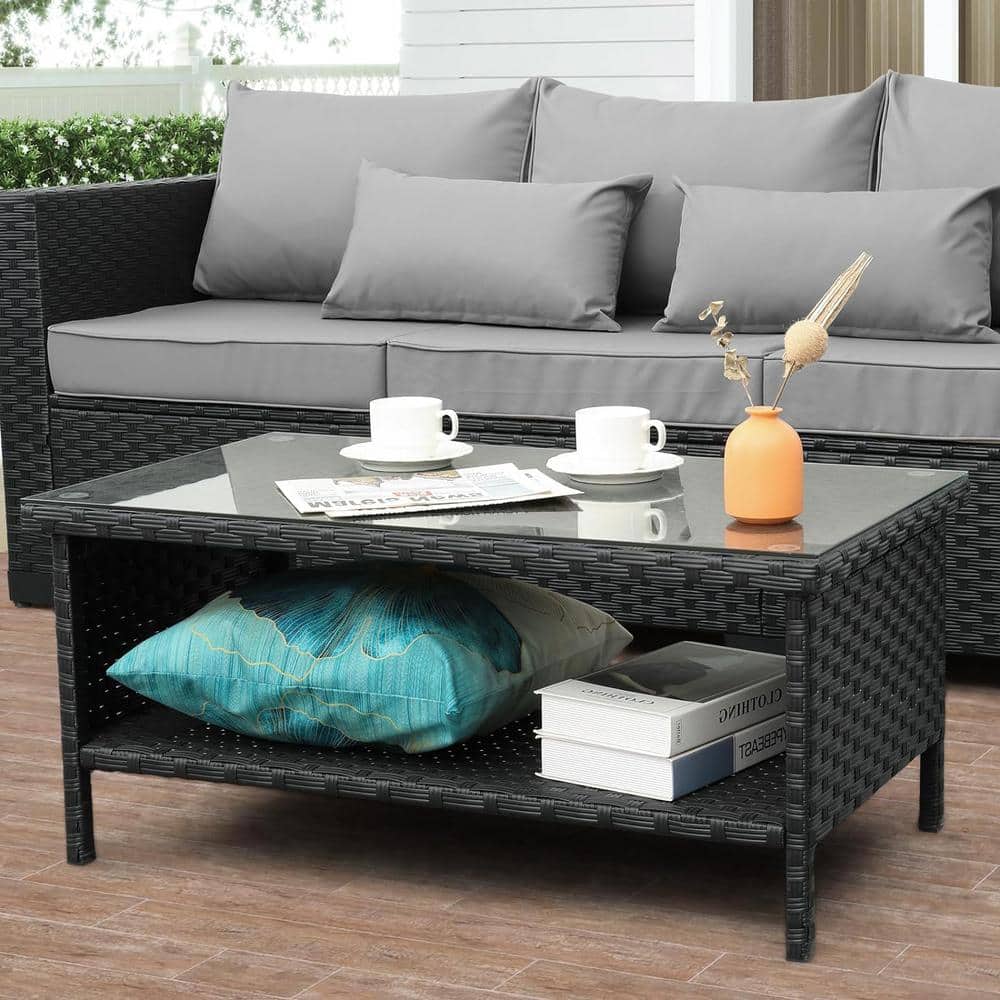 Black Rectangular Wicker Glass Top Outdoor Coffee Table with Storage and Fu