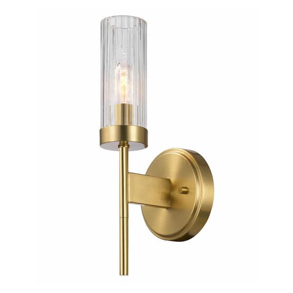 4.88 in 1-Light Matte Brass Wall Sconce with Ribbed Clear Glass Shade