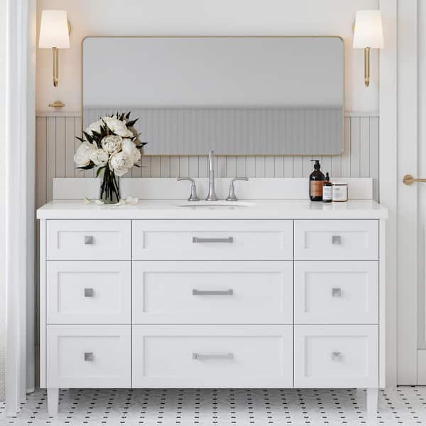 ARIEL Monroe 61 in. W x 22 in. D x 36 in. H Single Sink Bath Vanity in White with Pure White Quartz Top