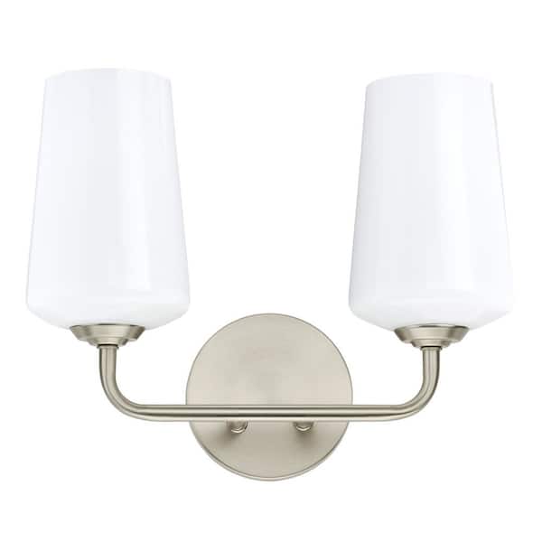 Celino 14 in. 2-Light Brushed Nickel Bathroom Vanity Light with White Glass Shade