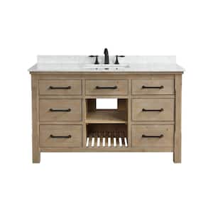 Lauren 55 in. Single Bath Vanity in Weathered Fir with Marble Vanity Top in Carrara White with White Basin