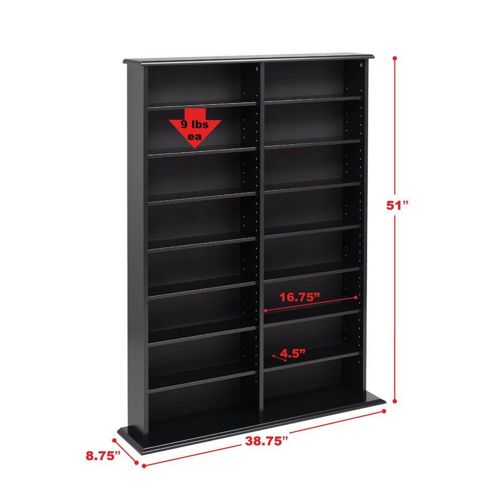 Deep Black Double Width Media Storage Unit with Adjustable Shelves