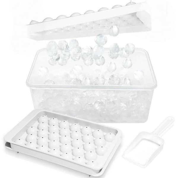 Modern White Round Ice Cube Tray with Lid and Ice Bin for Coffee Cooling Ball, Freezer, Home Bar and Drink Chilling