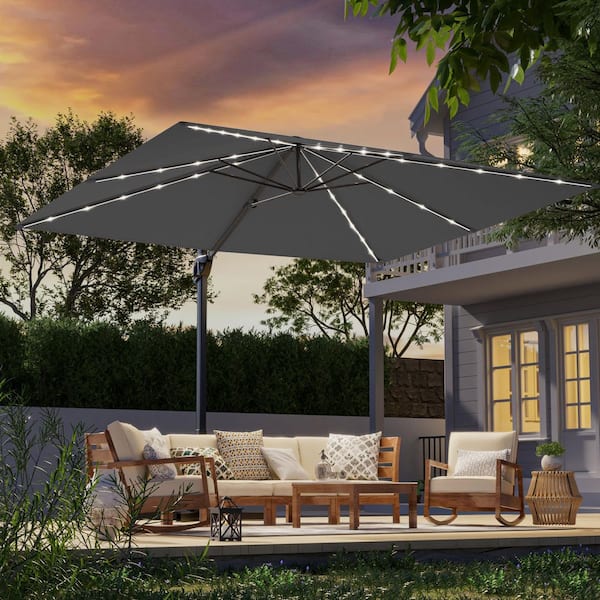 10 x 8 ft. Metal LED Rectangle Cantilever Patio Umbrella Solution-Dyed Fabric and 360° Rotation System in Anthracite