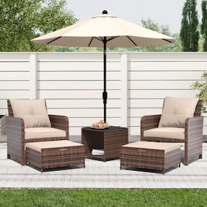 5-Pieces Wicker Patio Furniture Set, Outdoor Chairs with Ottomans, Beige Cushions