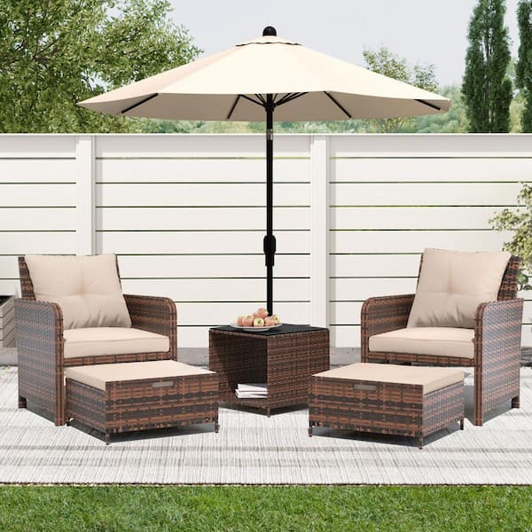 5-Pieces Wicker Patio Furniture Set, Outdoor Chairs with Ottomans, Beige Cushions