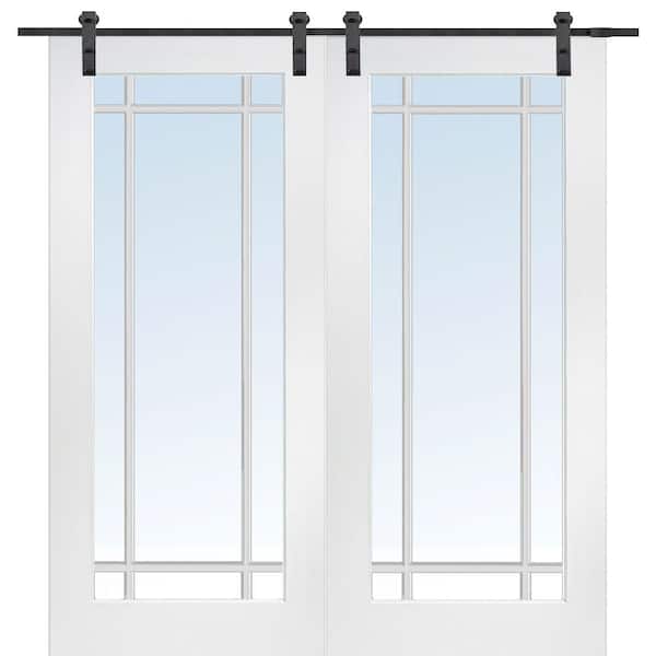 60 in. x 80 in. Primed Composite 9-Lite Clear Double Sliding Barn Door with Hardware Kit