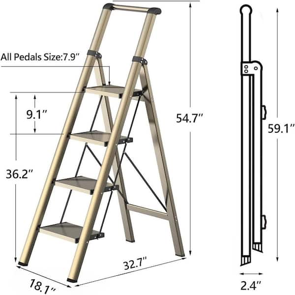 Unbranded - Folding Step Ladder, 4 Step Ladder with Anti-Slip and Wide Pedal, Lightweight Aluminum Step Stool , (Woodgrin