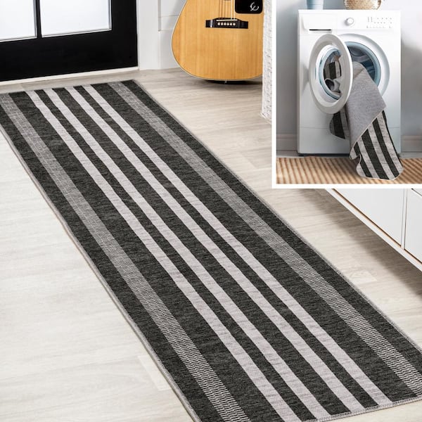 Vichy Geometric Striped Machine-Washable Black/Ivory 2 ft. x 8 ft. Area Rug