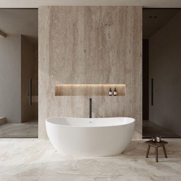 Rebecca 65 in. Acrylic Flatbottom Bathtub in White with Shiny White Trim and Matte Black Faucet