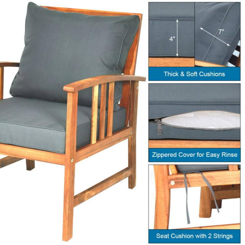 4-Piece Brown Acacia Wood Patio Set with Gray Cushions