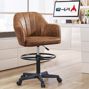 Premium PU Swivel Drafting Chair Adjustable Height Lumbar Support Home Office Office Stool, Brown