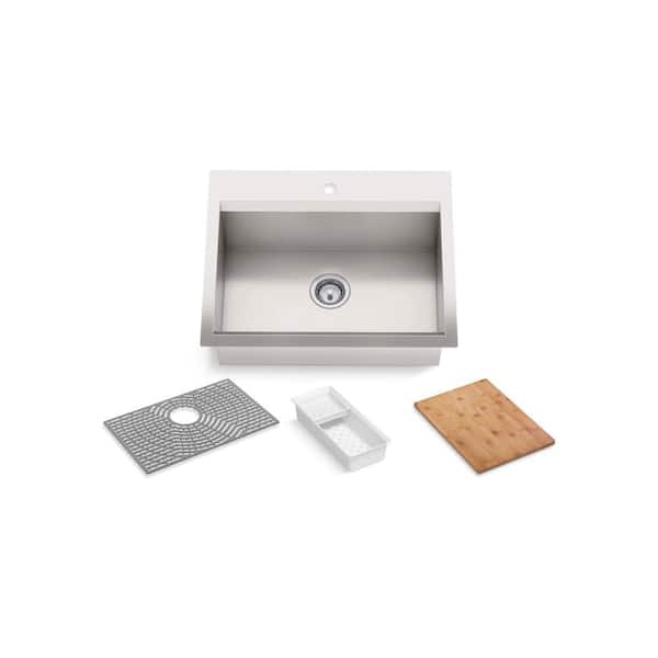KOHLER Task Workstation 27 in. Drop-in/Undermount Single Bowl 16 Gauge Stainless Steel Kitchen Sink with 1 Faucet Hole