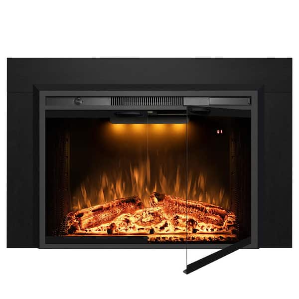 44.5 in. W x 32.1 in. H Electric Fireplace Inserts with Trim Kit, 3 Flames Colors, Glass Door and Mesh Screen, Black