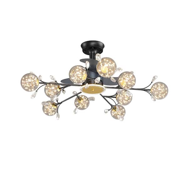 39 in. 10-Light Indoor Black Flush Mount Ceiling Fan for Bedroom, Modern Fandelier with Clear Glass Lampshade