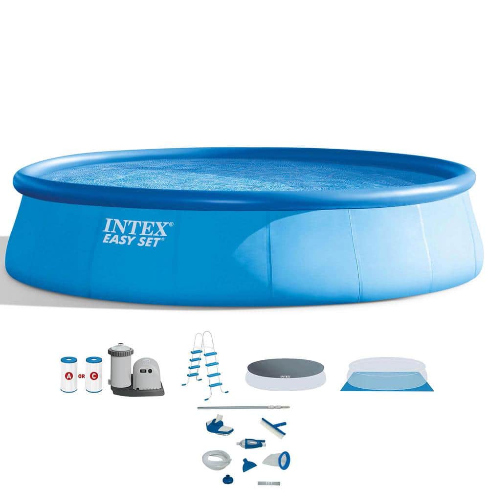 INTEX Easy Set Pool 18 ft. Round 48 in. D Inflatable with Ladder, Pump and Maintenance Kit, Blue -  6175EH + 28003E
