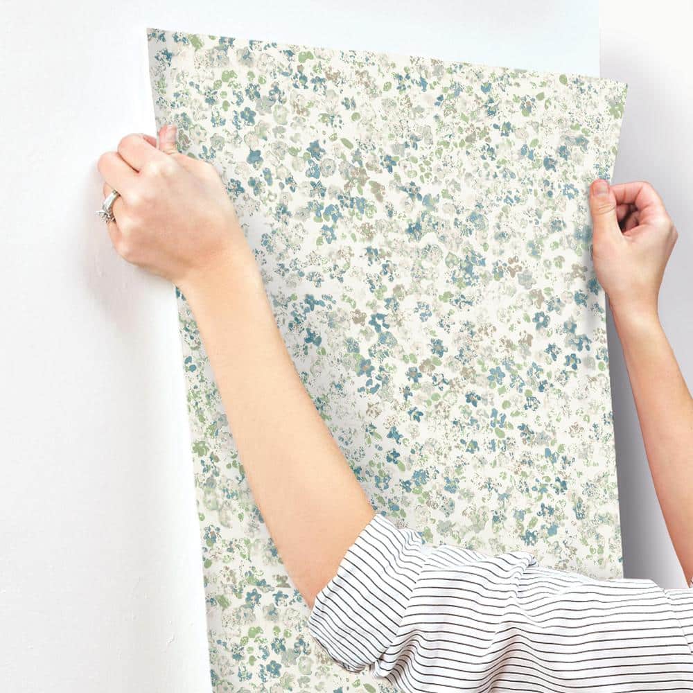 Green Floral Vinyl-Coated Removable Wallpaper