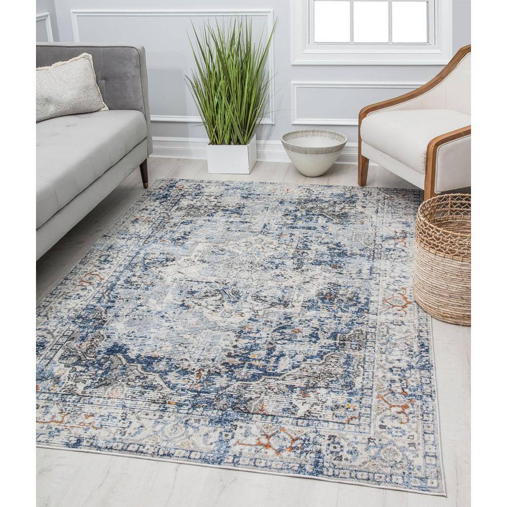 Blue and Gray Vintage Floral Rectangular Area Rug, 8' x 10'