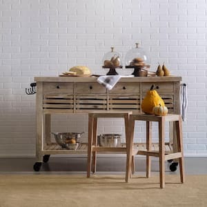 Whitewashed Wooden Columbia Kitchen Island with Wheels